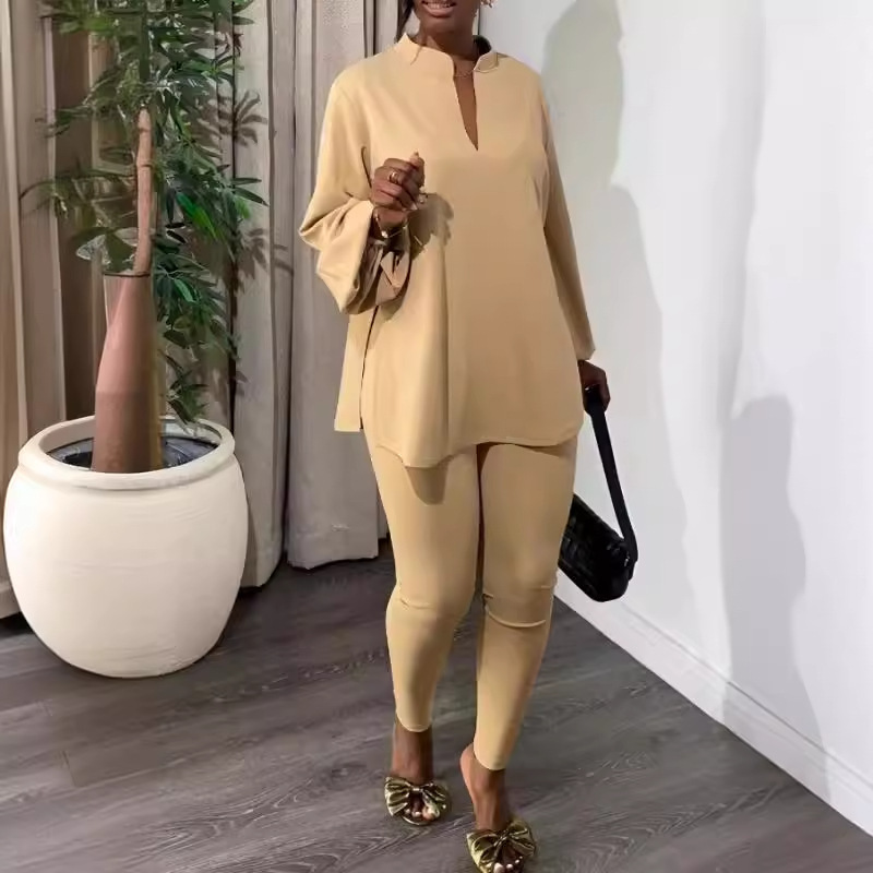 Cross-Border Knitted Suit Pants New Pure Color Multi-Color Slit V Neck Top Tights Fashion Elegant Two-Piece Set