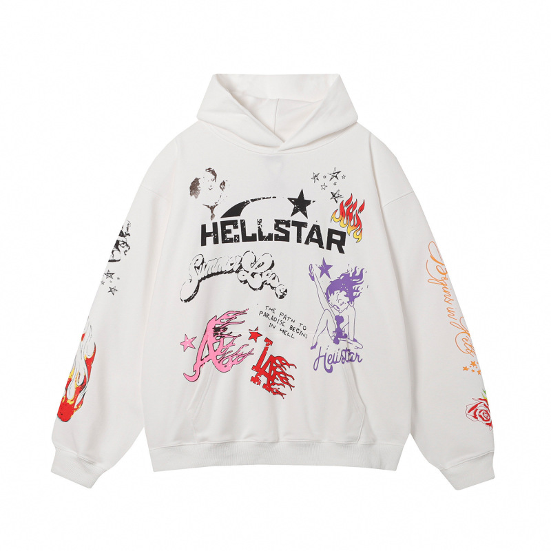 Hellstar欧美潮牌高街复古水洗做旧印花街头宽松连帽衫男女款卫衣|undefined