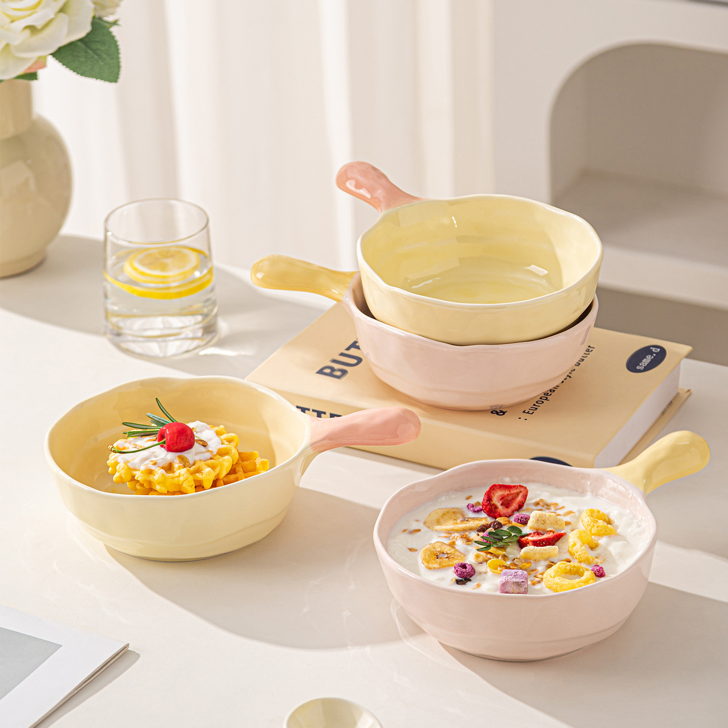 Ins de alto valor facial crema de viento mango doméstico tazón de cerámica para asar tazón de desayuno de una persona tazón de fideos bolos de cerámica cubiertos