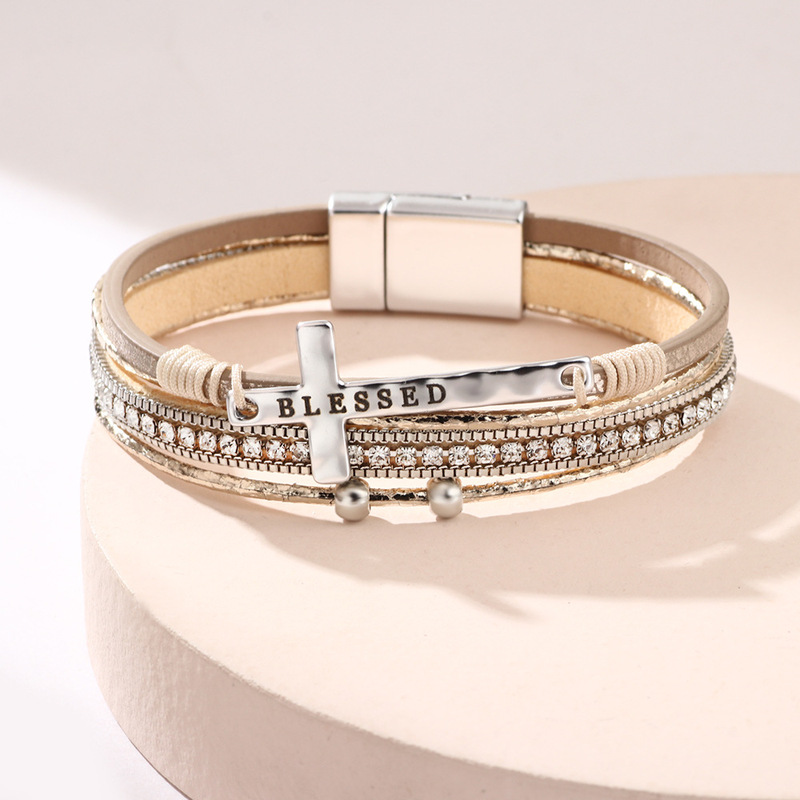 Cross-Border Jewelry Manufacturer Bohemian Style Cross Bracelet Light Luxury Micro-Encrusted Diamond Magnetic Clasp Bracelet Pu Leather Bracelet Cross-Border Jewelry Manufacturer Bohemian Style Cross Bracelet Light Luxury Micro-Encrusted Diamond Magnetic Clasp Bracelet Pu Leather Bracelet
