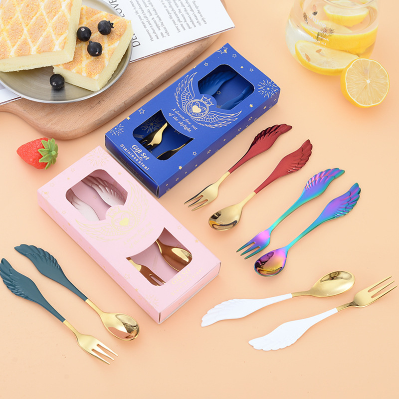 Creative 304 Angel Wings Spoon Fork Set Stainless Steel Spoon Fruit Fork Dessert Coffee Spoon Gift Tableware Creative 304 Angel Wings Spoon Fork Set Stainless Steel Spoon Fruit Fork Dessert Coffee Spoon Gift Tableware