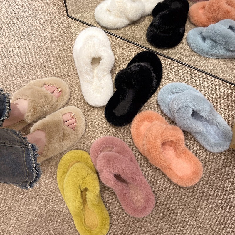 Large Size Slippers For Women41-42 Internet Celebrity Thick-soled Fur Slippers For Outdoor Wear Autumn And Winter Cross Fur Slippers For Women