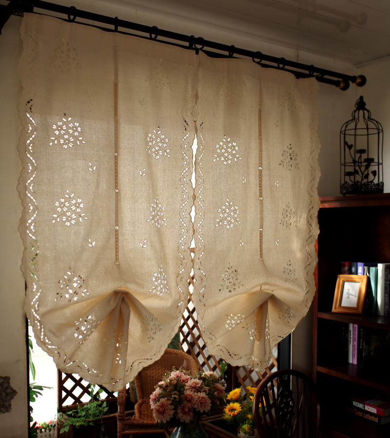 2F Retro Finished Balloon Curtain, Lift-and-Lower Curtain, Fan-Shaped Half Curtain, Roman Blinds for Kitchen Bay Windows—Floral Fabric Design