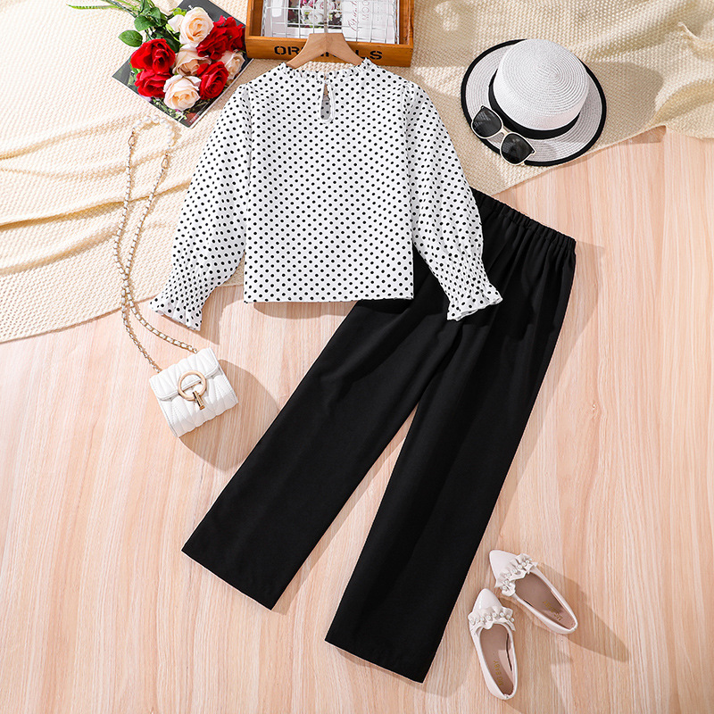 Mädchen Herbst Neue Mittlere bis Große Kinderkleidung 7-12 Western Wave Dot Langarm Top Zweiteiliges Set_voghion.com