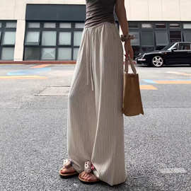 米杏色亚麻条纹阔腿裤女夏2026新款高腰休闲宽松垂感小个子棉麻裤