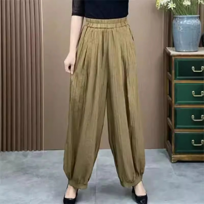 2024 Summer Thin Ice Silk Cotton and Linen Bloomers Women's Loose Slimming Casual Pants Stylizing Age-reducing All-match Harem Pants