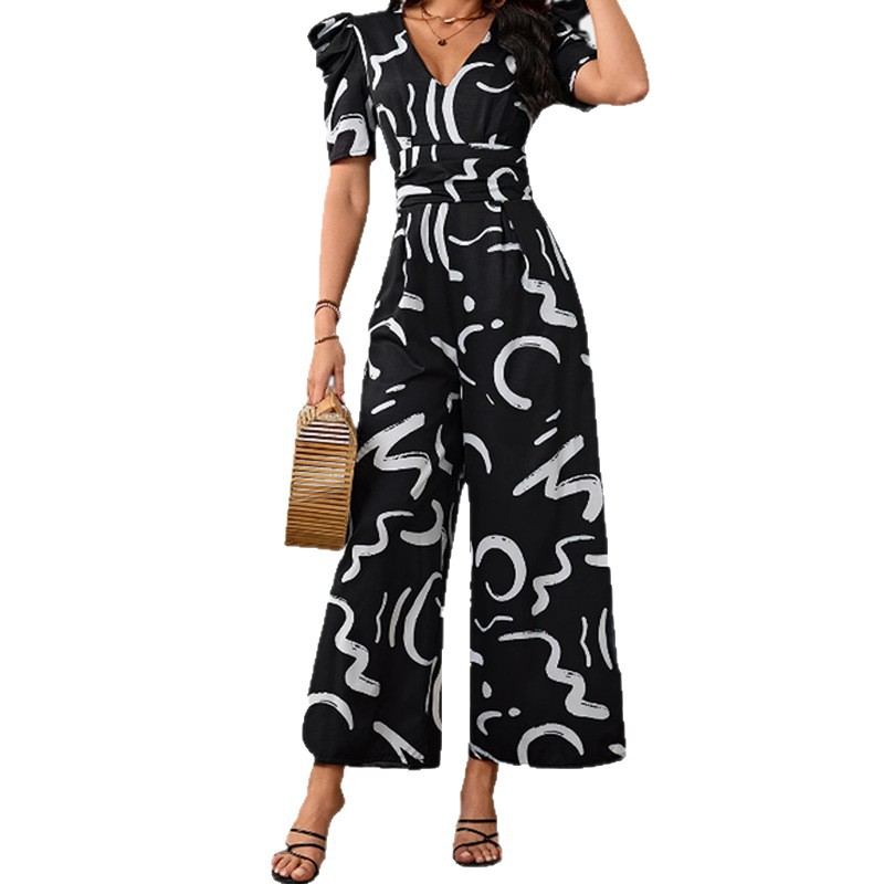 2026 primavera nueva moda europea y americana de comercio exterior de mujeres transfronterizas estilo de viaje de cintura alta impresión de cuello en V de piernas anchas image 6