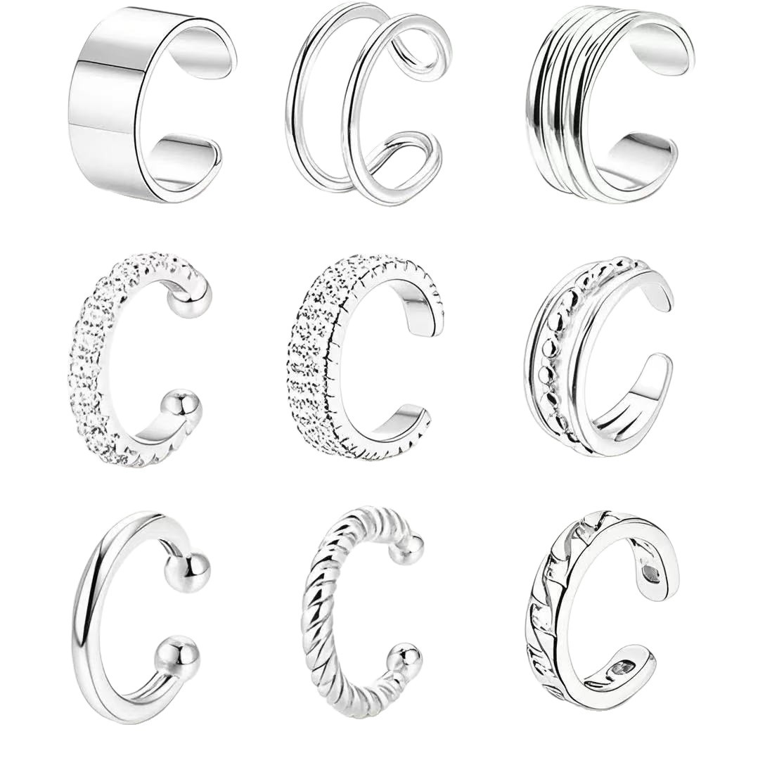 Clip para la oreja sin perforar de 9 piezas de venta caliente de Amazon Clip para la oreja sin perforar tipo aro redondo plateado Clip para la oreja ajustable