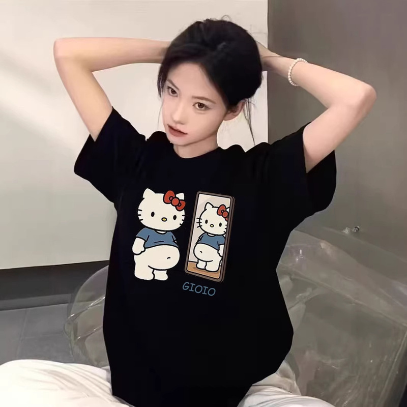 Kitty Cat Black Short-Sleeved T-Shirt for Women Summer 2026 New Large Size Loose Casual Design Niche American Style Top Kitty Cat Black Short-Sleeved T-Shirt for Women Summer 2026 New Large Size Loose Casual Design Niche American Style Top