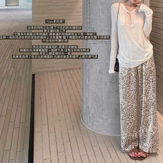 豹纹裤女宽松显瘦直筒休闲裤夏季百搭阔腿拖地裤