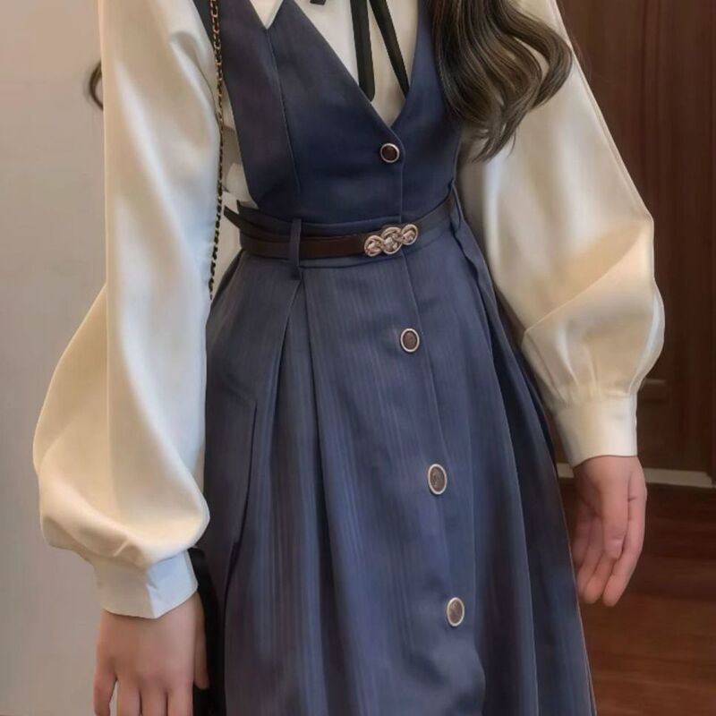 韩系学院风背心连衣裙子女早初秋新款小个子气质衬衫穿搭套装长裙|undefined