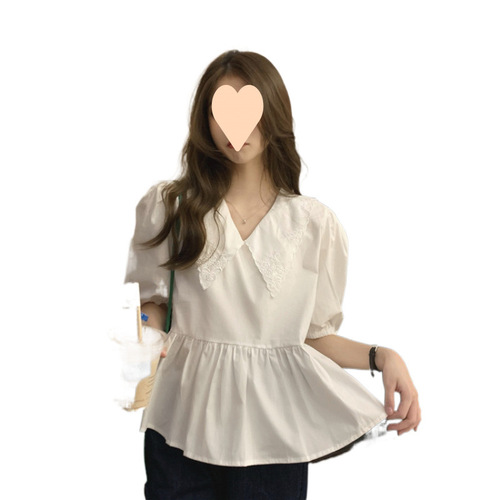 Summer Korean Version 2025 Slimming Fashion Youthful Splicing Black Baby Collar Bubbles Short Sleeve Blouse Top for Women