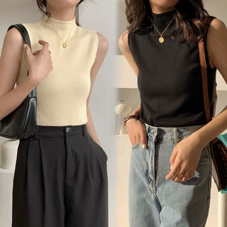 6062#春夏款纯色半高领打底衫 女修身无袖针织衫内搭毛衣背心上衣