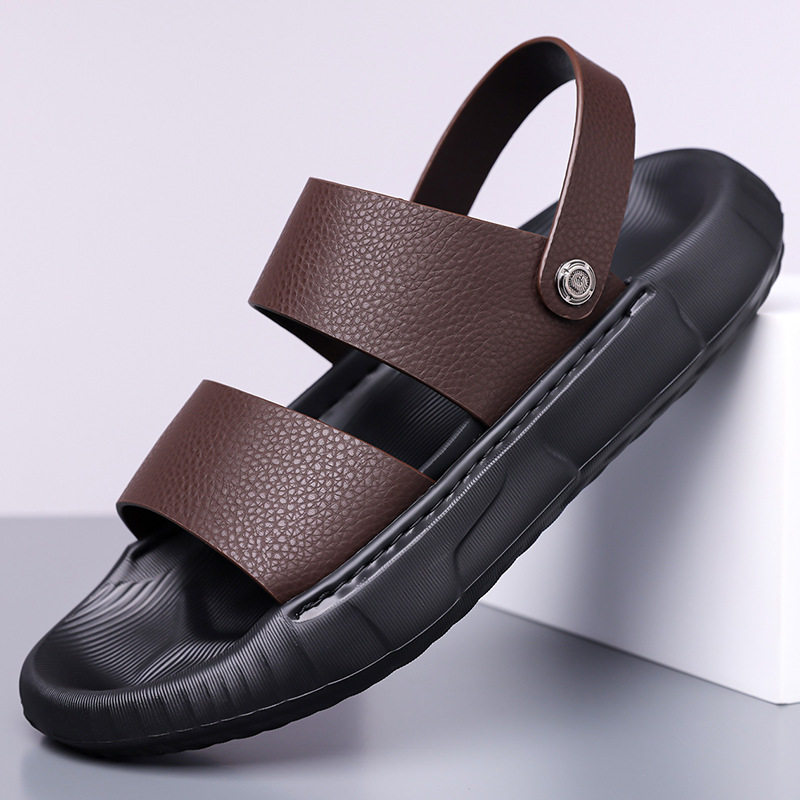 Dép lê nam da bò lớp trên cùng, đế dày, mặt mềm, kiểu sandal đi biển — GA06 màu đen, Màu nâu GA06