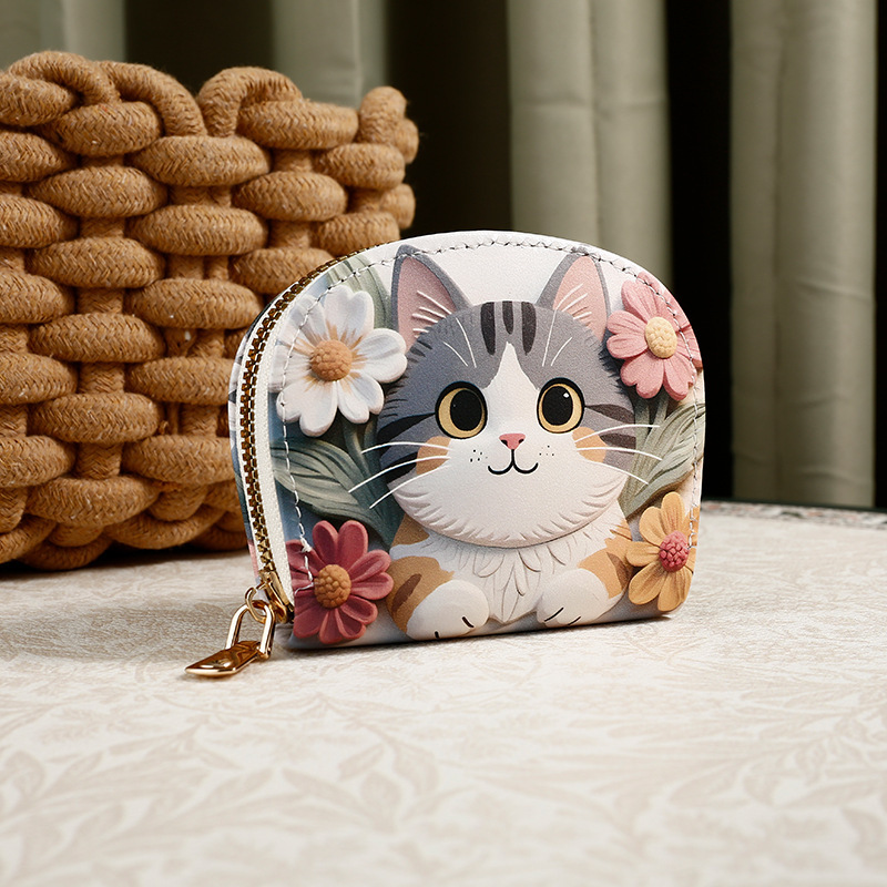 Korean Version Cute Cat Coin Purse Cartoon Print Small Animal Wallet for Girls Multifunctional Portable Card Holder Card Set Batch