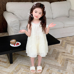 女童連衣裙夏季2024新款女孩寶寶夏裝兒童公主裙子法式掛脖連衣裙