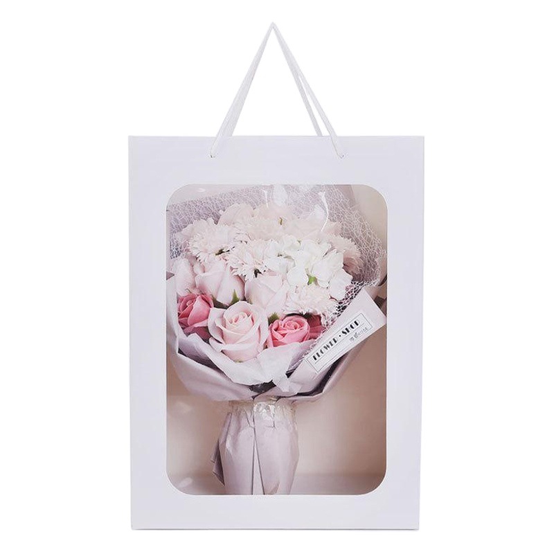 Bolsa de ventana transparente al por mayor del fabricante Bolsa de regalo de flores del día de la madre Bolsa de regalo de regalo de ventana abierta Bolsa de embalaje portátil