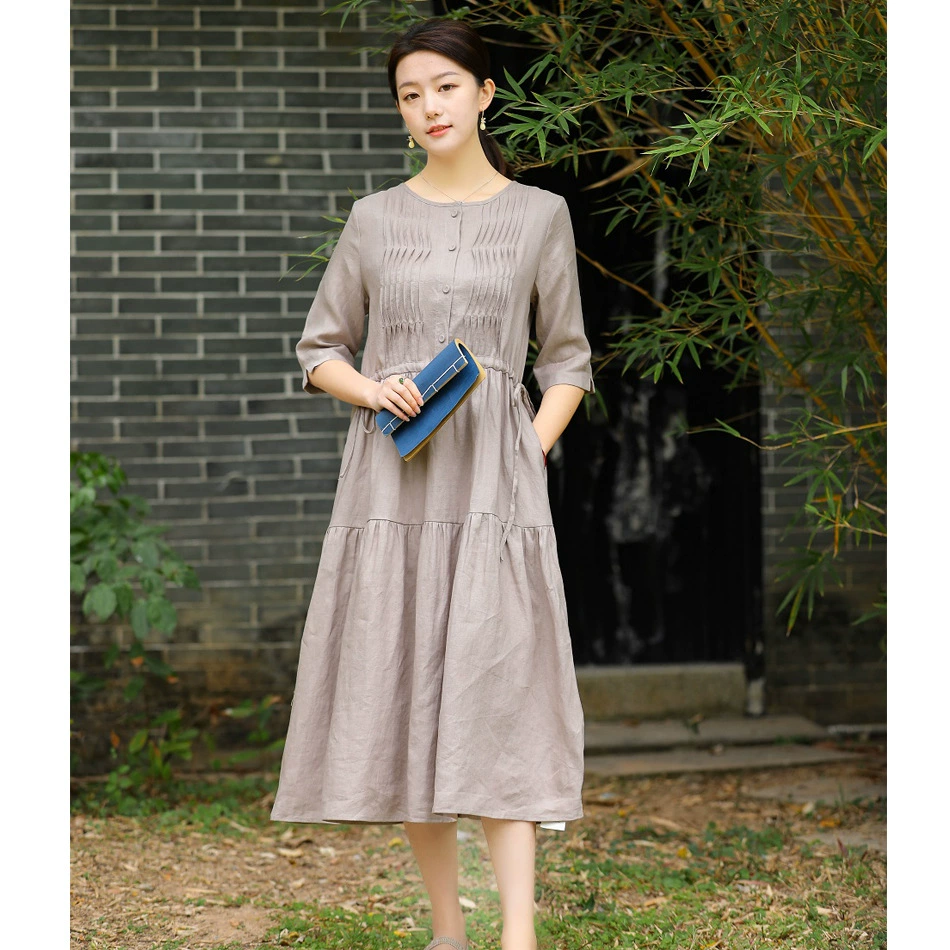 2021 Новое Оригинальное женское художественное льняное платье с длинными рукавами, приталенное платье-торт на шнуровке