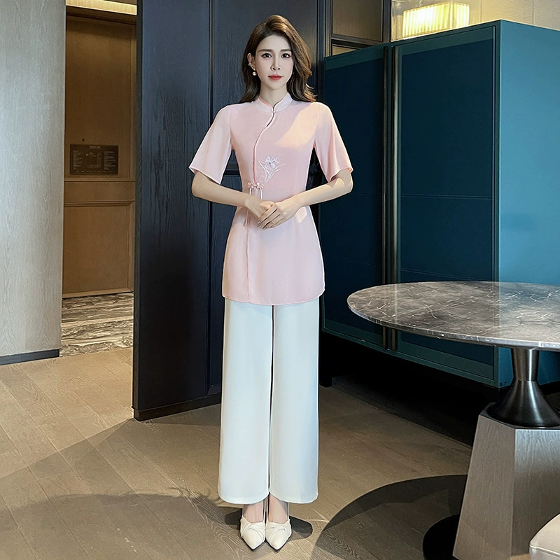 Массажная рабочая одежда для прикрытия живота, шифоновый улучшенный костюм Cheongsam в китайском стиле, одежда для техников для ванночек для ног в салоне красоты