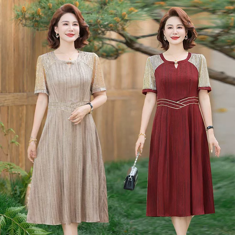 Модное и стильное платье мамы с короткими рукавами, закрывающее живот, утягивающее платье и юбка средней длины до колена, женская одежда среднего и пожилого возраста.