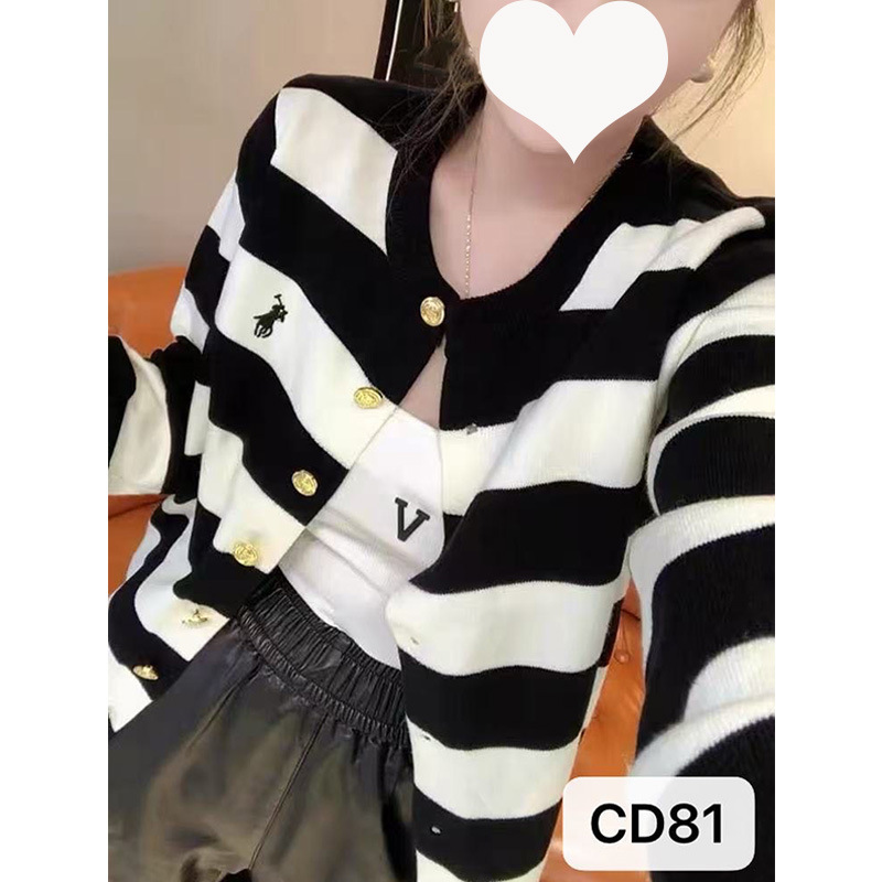 小马标刺绣百搭毛衣外套早秋法式气质高级感复古条纹毛织针织开衫|undefined