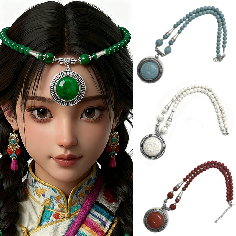 Cross-Border Foreign Trade Hot-Selling Ethnic Style Forehead Ornaments, Forehead Straps, Ancient Style Tassels, Xizang Hair Accessories, Mongolian Turquoise Accessories