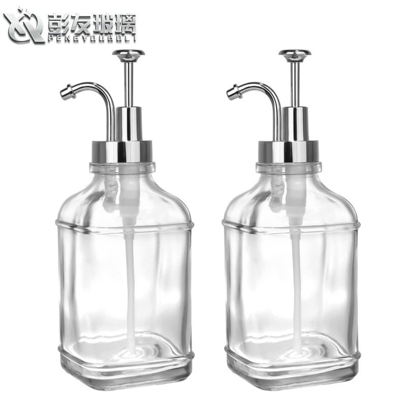 厂家直供方形16oz玻璃瓶糖浆瓶分配器按压500ml厨房卫浴糖浆瓶