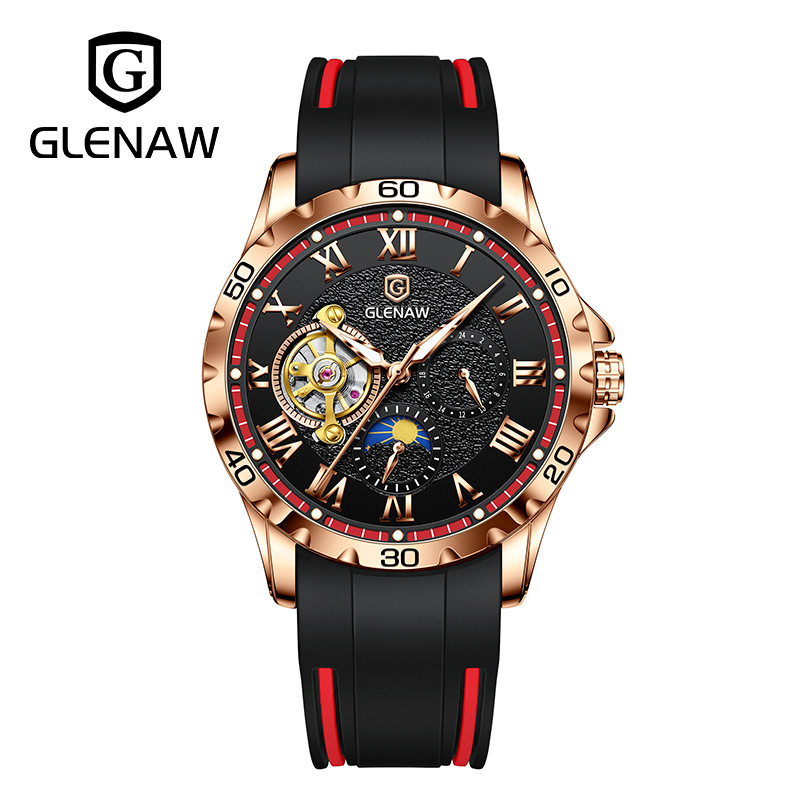 Đồng hồ nam automatic lộ máy, chống nước, dây thép không gỉ — Băng keo hình tròn đỏ vỏ hoa hồng, Băng keo vòng xanh vỏ hoa hồng, Băng keo vòng xanh vỏ đen, Băng keo đỏ vỏ Bạc
