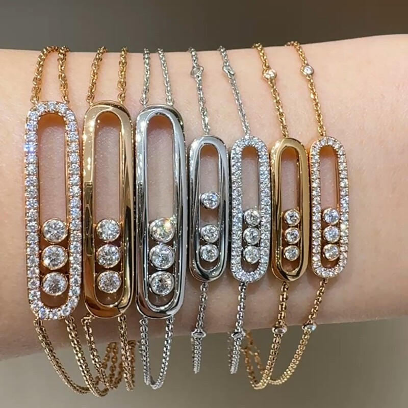 2025 Meijia Full Diamond Glossy Three Diamond Sliding Big Brand Bracelet Double Layer Design Rose Gold White Golden High-End Jewelry