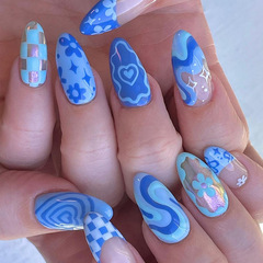 Blue cute flower heart nail art trendy fresh small artificial nails European and American Instagram style almond-shaped nail stickers wearable nail art nai