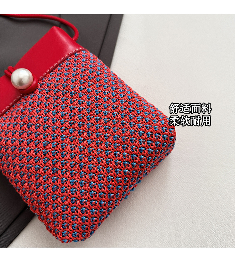 Retro patchwork woven mobile phone bag for women 2025 new summer fashion commuting single-shoulder crossbody pearl bucket bag Specification drawing