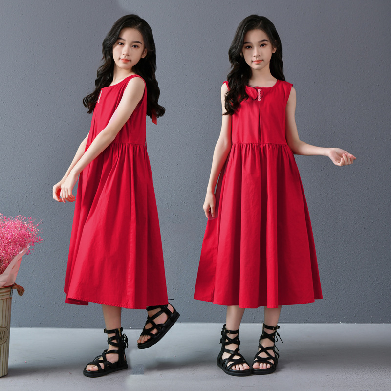 Vestido de chaleco de princesa sin mangas rojo retro francés para niñas verano nuevo estilo niña cintura delgada falda de longitud media