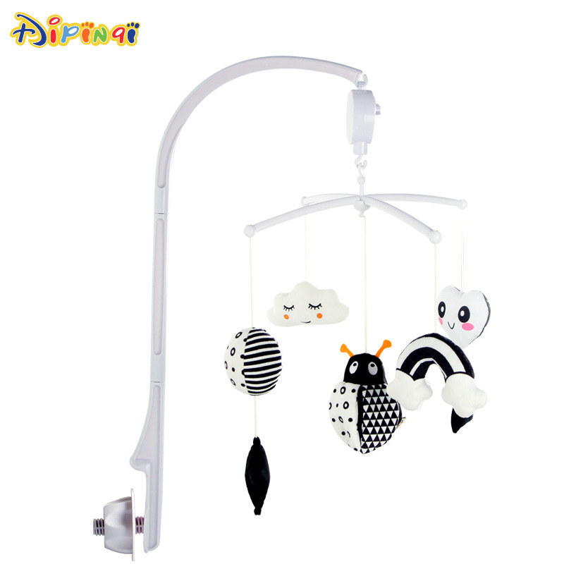 Campana de cama infantil en blanco y negro, educación temprana, abeja, búho, música, juguete colgante desmontable eléctrico giratorio, en stock