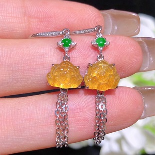 Natural Jade Earrings Myanmar A Goods Jade 18K Gold Inlaid with Yang Green Ice Yellow Flower Rich Jade Earrings