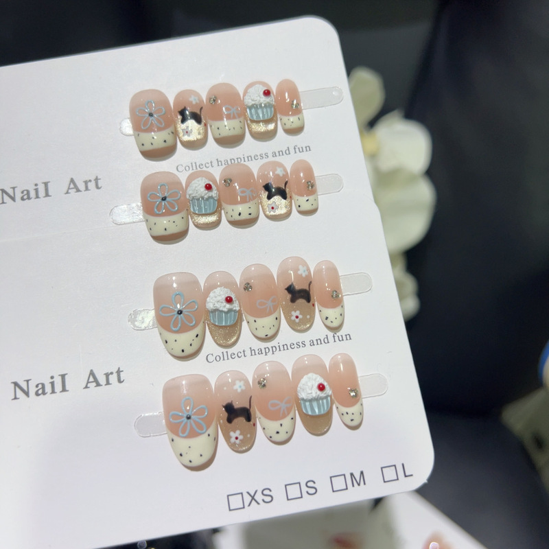 Flower Cat Ice Cream Summer Short Cute Cartoon Three-Dimensional Hand-Pinched Cake Bow Handmade Wearable Nail Patch