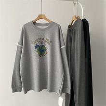 慵懒风BF宽松印花涂鸦圆领不锁边卫衣女春季新款百搭简约上衣外套