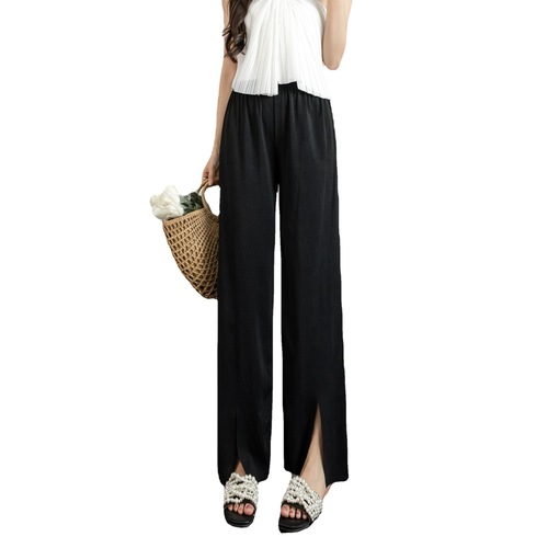 Front-split high-waist wide-leg summer thin version flowy slimming straight-leg pants for plus size casual floor-length pants