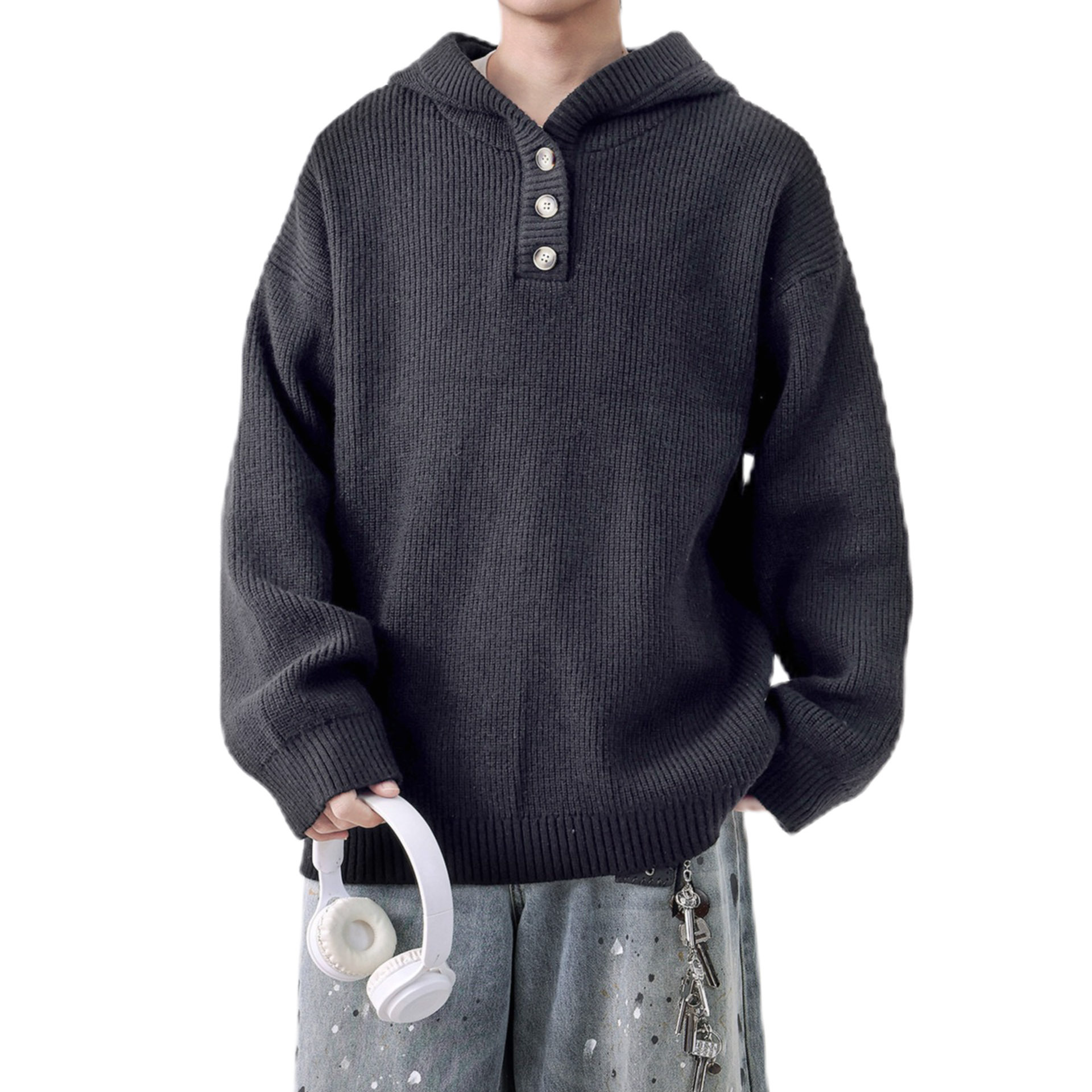 Explosiones transfronterizas de tamaño europeo suéter de punto con capuzas hombre flojo viento medio abierto botón fábrica de marea al por mayor