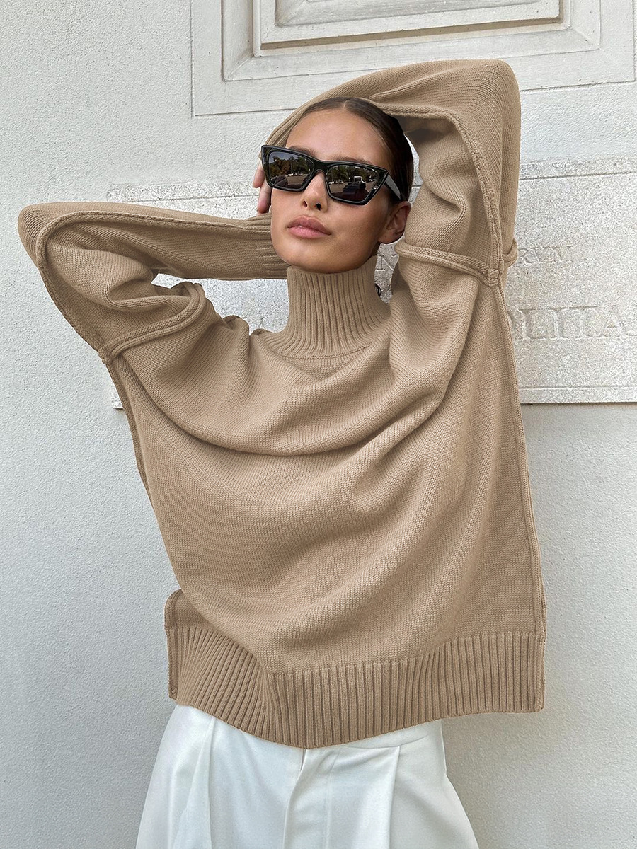 Suéter de cuello alto con costuras transfronterizas para mujer, otoño e invierno europeo y americano nuevo estilo casual suelto perezoso suéter grueso suéter de punto