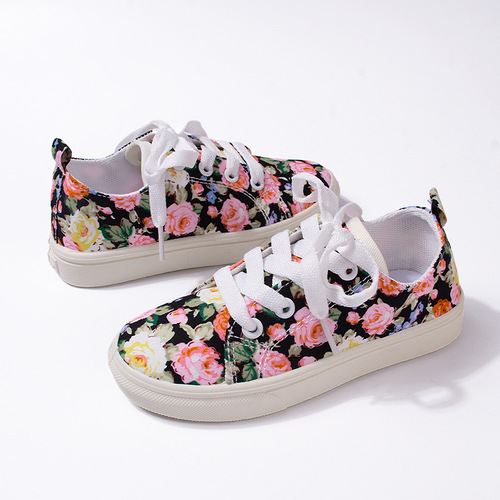 Spring Cute Floral Lace-Up Canvas Shoes Leisure Soft Soles for Big Kids and Toddlers