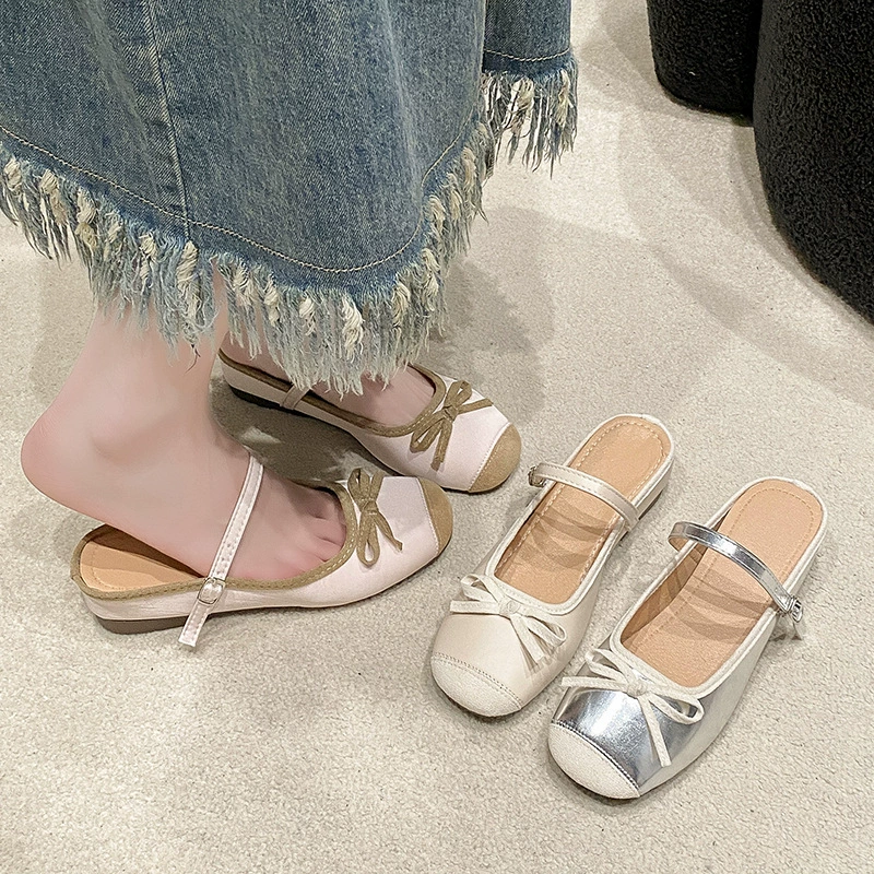 Женские полусапожки в корейском стиле с бантом, новинка 2025 года, нежные туфли на плоской подошве с круглым носком, элегантные плоские тапочки с пряжкой