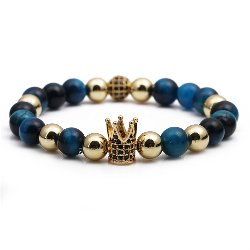 Pulsera de bola de diamante de piedra de ojo de tigre colorido Pulsera de cuentas de corona con incrustaciones de cobre europeo y americano transfronterizo