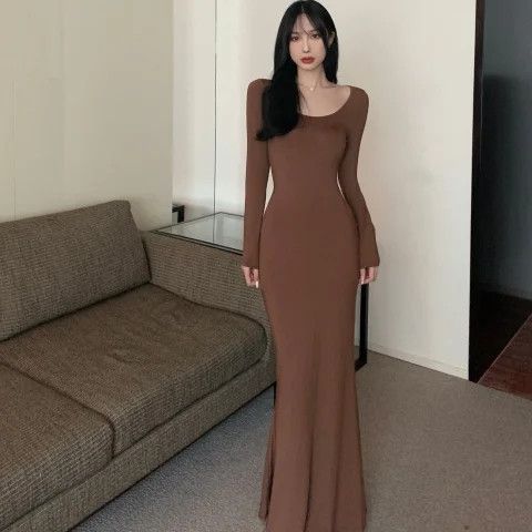 Hot Girl Sexy Long-Sleeved Dress for Women, Autumn 2026 New Style, Coffee-Colored Base Long Dress, Slim Fit Fishtail Bodycon Skirt