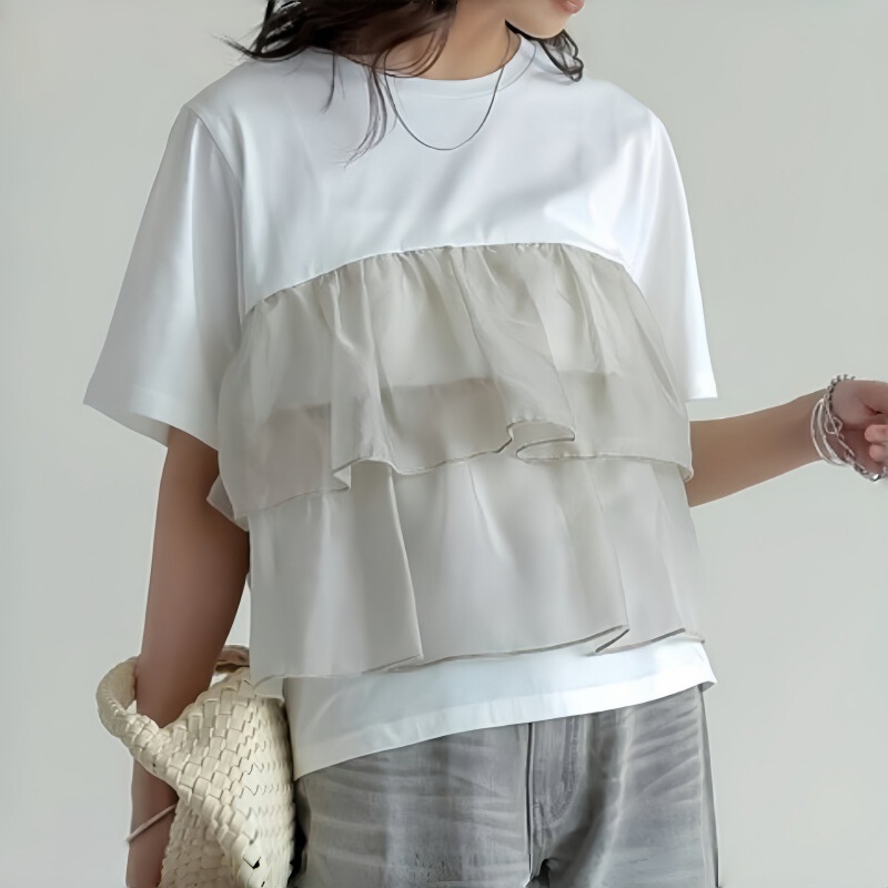 Cross-Border Japanese and Korean New Style Summer Mesh Patchwork Ruffle Short-Sleeve T-Shirt with Round Neck, Loose Fit, Slimming Design Top
