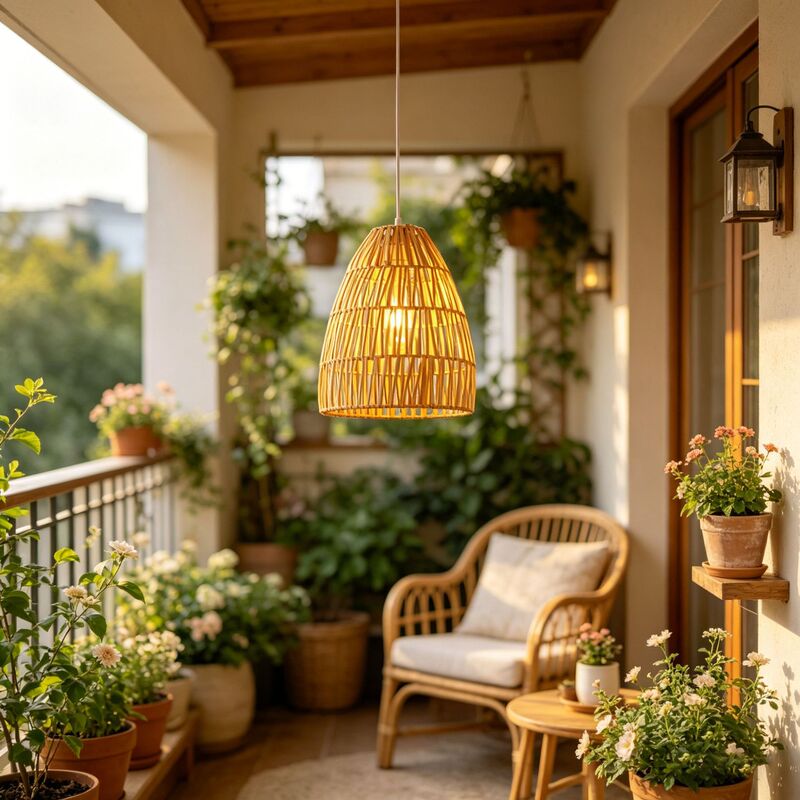 Bohemian Style Rattan Cone-Shaped Chandelier Lampshade for Homestay Balcony Restaurant Japanese-Style Natural Wood Ambiance Lighting