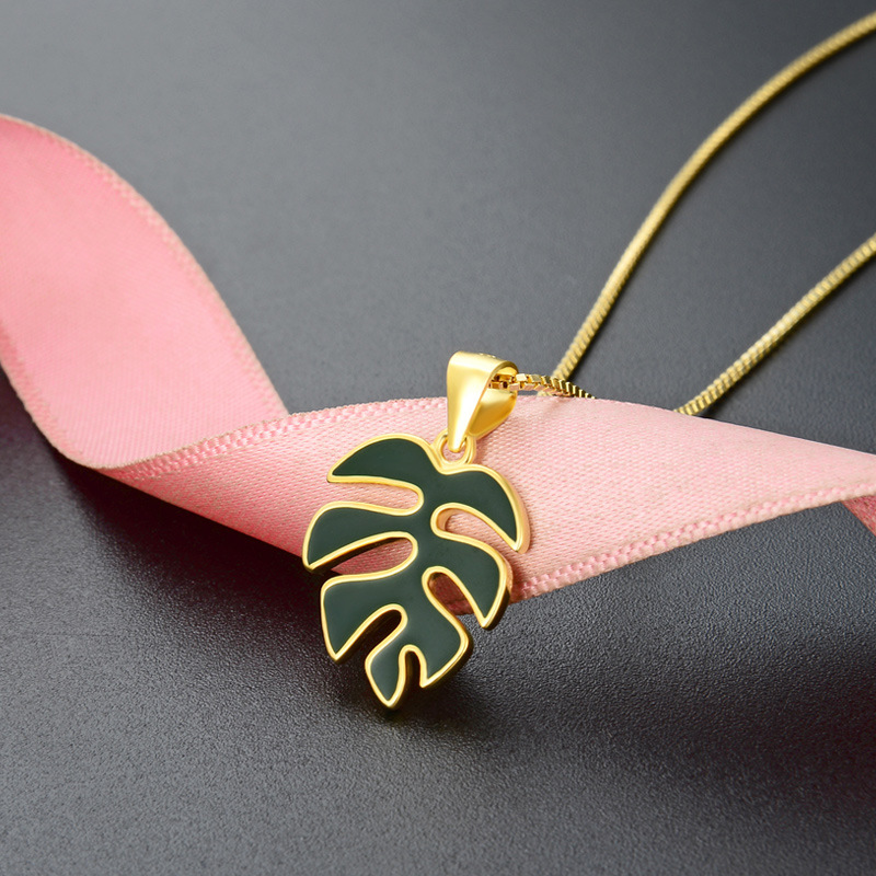 Transfronterizo Amazon goteo collar de hojas de aceite mujer 925 plata esterlina pequeña cadena de clavícula fresca versátil tortuga colgante de hojas