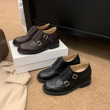 牛皮版~布洛克雕花孟克小皮鞋新款英伦风内增高加绒乐福鞋女秋冬