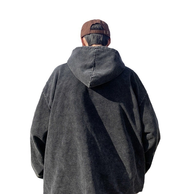 アメリカンレトロウォッシュ加工カーディガンスウェットシャツメンズ秋冬ニッチハイストリートヘビーファッションブランドインフード付きジャケット3|undefined