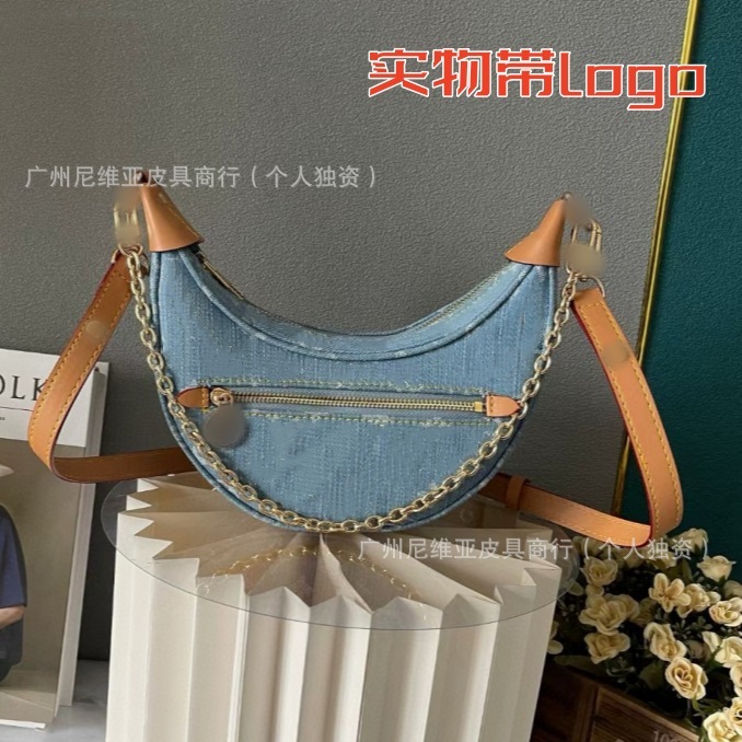 直接供給クロスボーダー新しいクラシック老眼デニムピーバッグキャンバスと牛革ムーンバッグシングルショルダークロスボディレディースバッグ|undefined