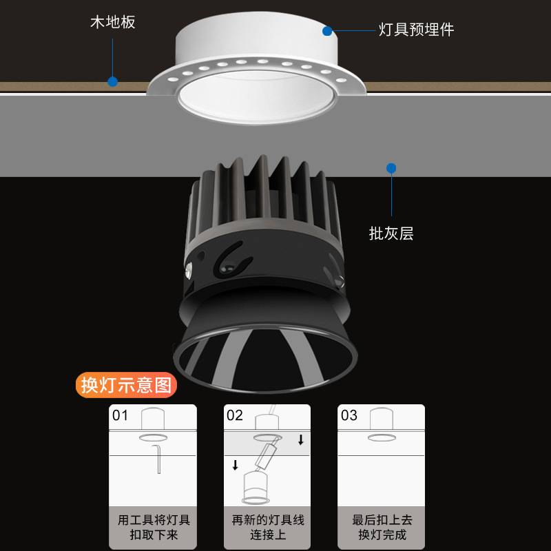 Spotlight sin marco COB household incorporado anti-deslumbramiento oculto incrustado sala de estar sin iluminación principal 4000K downlight image 4